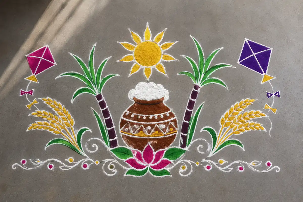 Symbols in Sankranti rangoli patterns including sun, pot, sugarcane, and kites