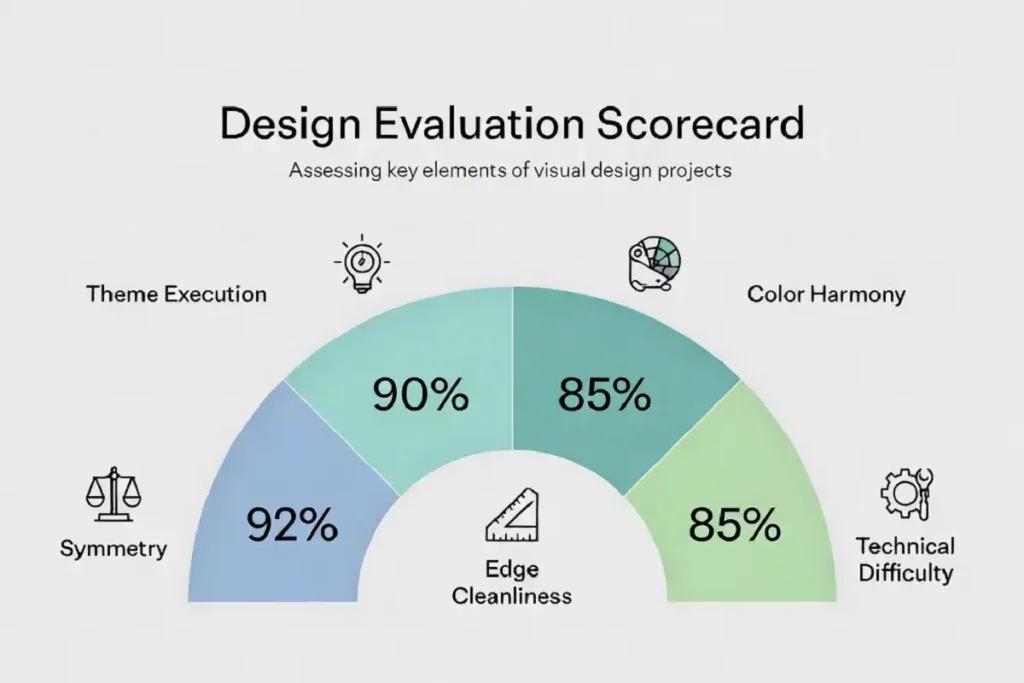 Judging criteria infographic for 3D rangoli designs for competition scorecards