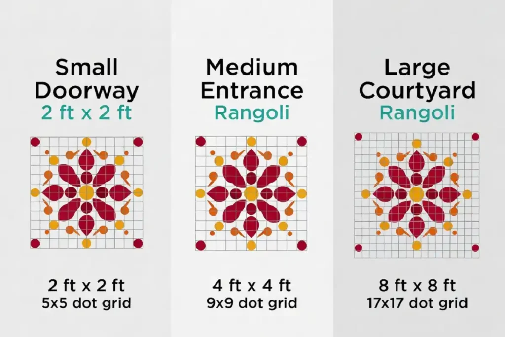 Size guide infographic for rangoli with triangles and circles by grid dimension