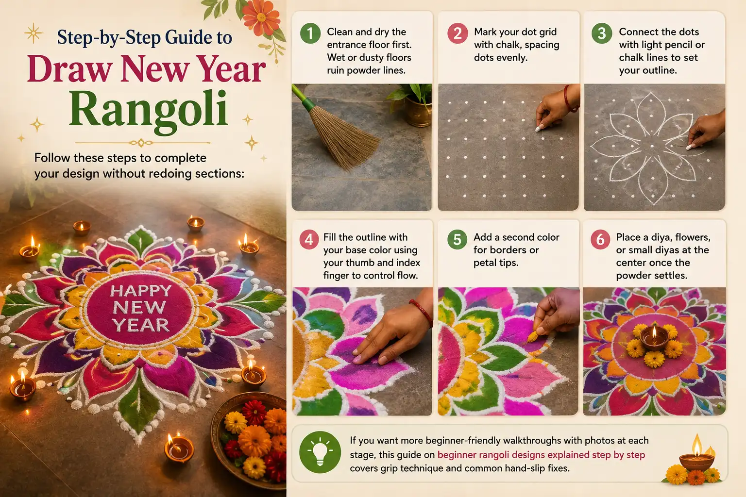 Step-by-step guide showing how to draw a colorful New Year rangoli with diyas and flowers.