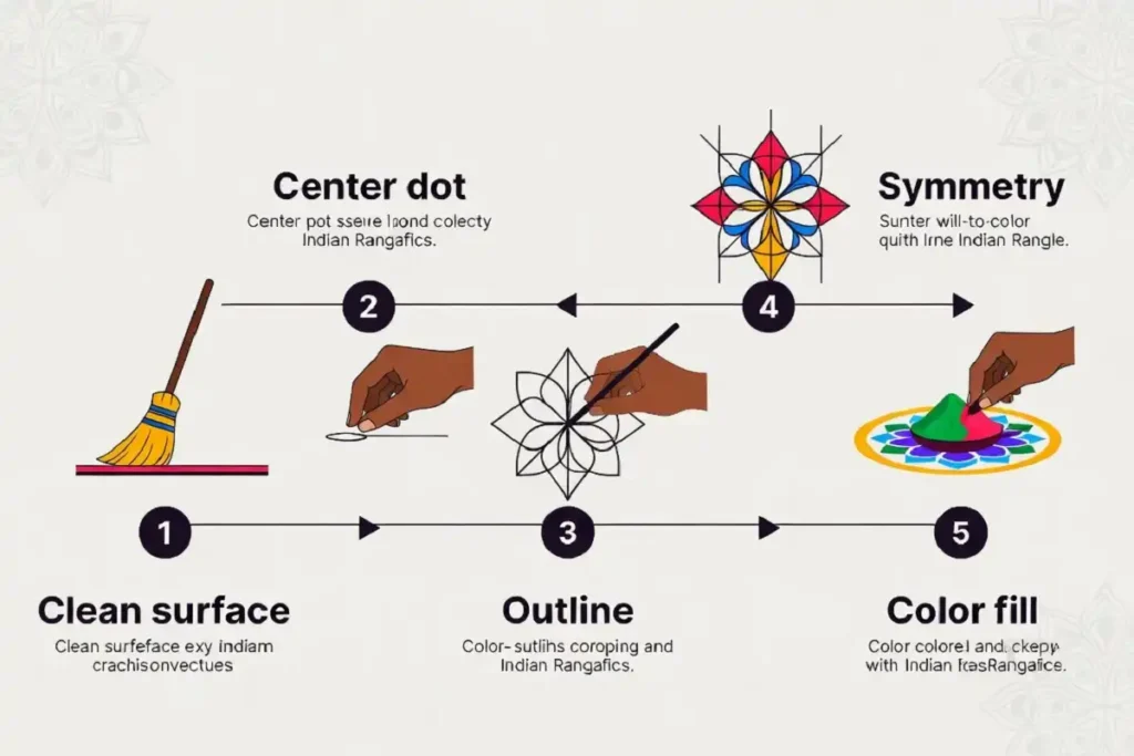 Five step tutorial showing how to make traditional rangoli designs for festivals