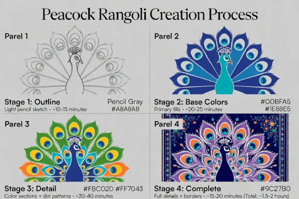 Four-stage diagram showing the rangoli design creation process from initial sketch to completed peacock motif with colors and detailed dot work