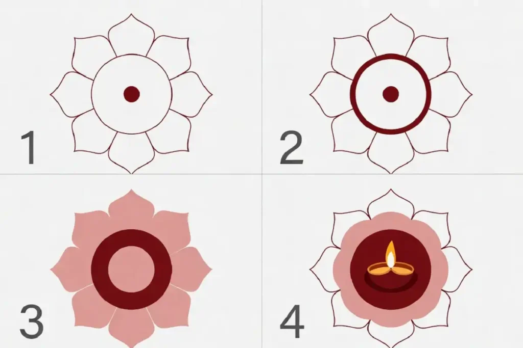 Infographic showing rose petal rangoli ideas built in four steps from center to outer ring