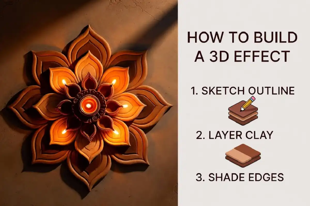 Photorealistic layered clay rangoli demonstrating easy 3D rangoli design ideas with numbered step overlay