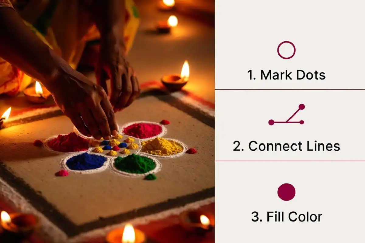 Infographic and photo showing festival rangoli for beginners step-by-step process