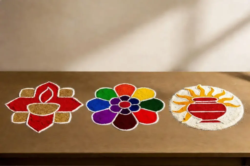 Diwali Navratri and Pongal festival rangoli for beginners design comparison