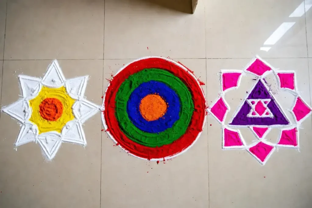 Rangoli with triangles and circles shown in star, border, and mandala patterns