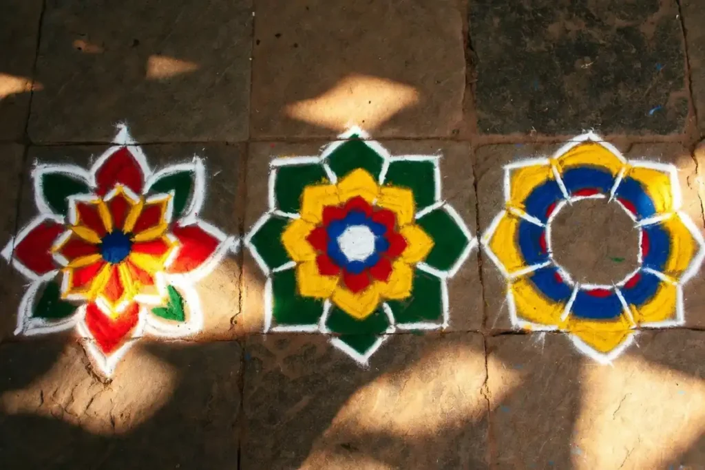 Simple floral rangoli for beginners patterns including bloom, layered circle, and border designs