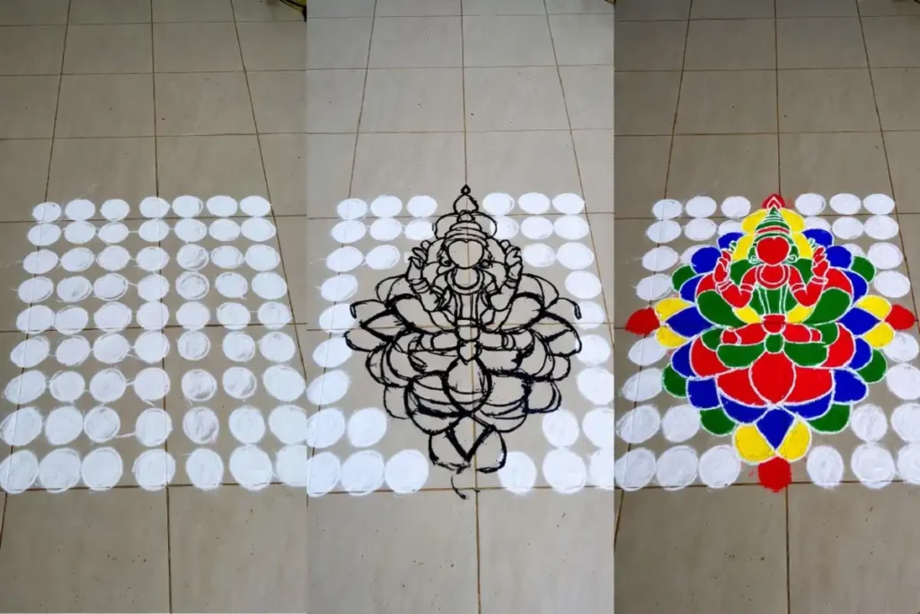 Steps for making rangoli designs with Hindu deities from outline to color