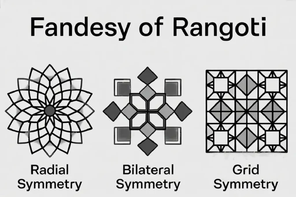 Radial, bilateral, and grid symmetry types used in rangoli design