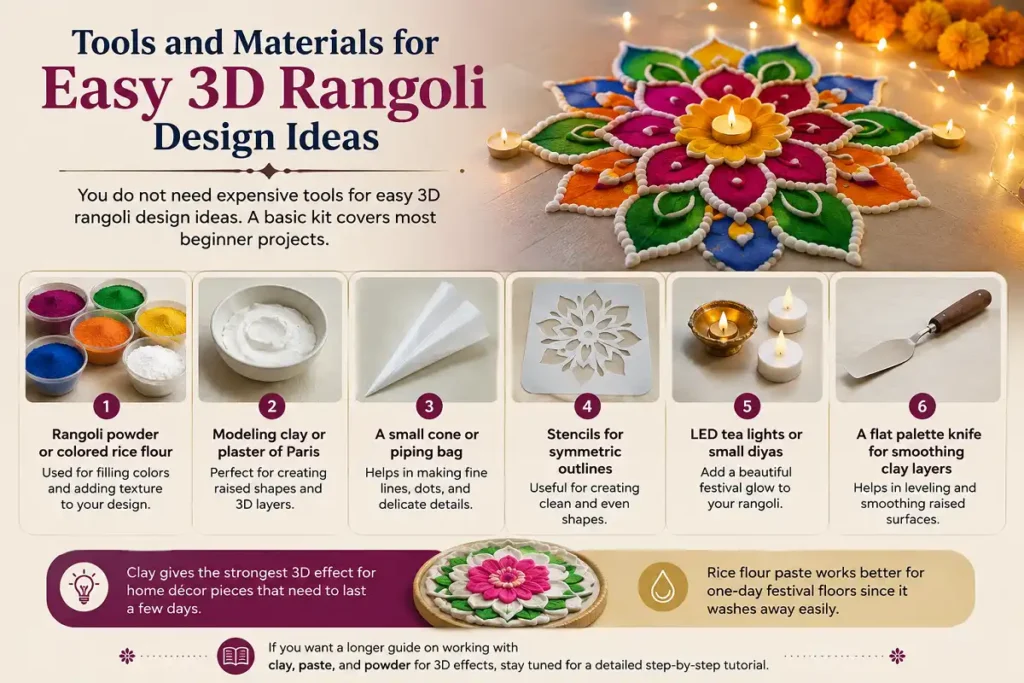 Tools and Materials for Easy 3D Rangoli Design Ideas