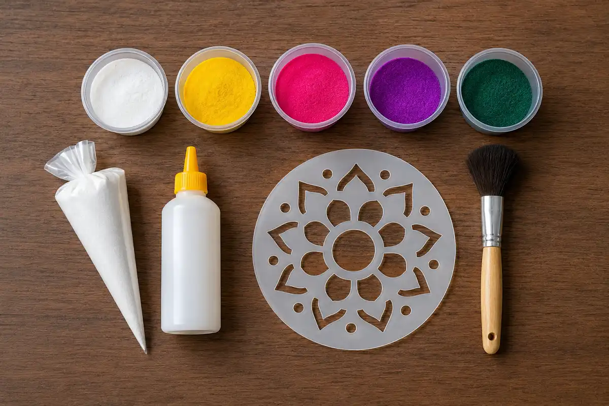 Tools for making Ugadi rangoli designs including cone, stencil, and color powders
