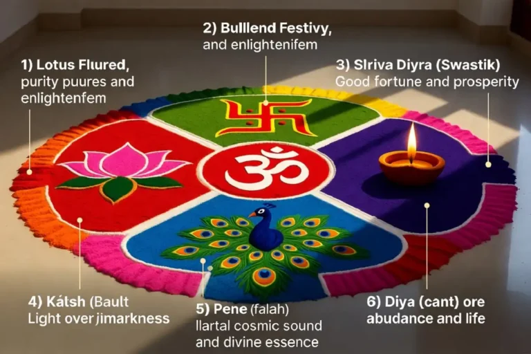 Infographic showing traditional Indian symbols in rangoli with the lotus, swastik, diya, om, peacock, and kalash labeled with meanings