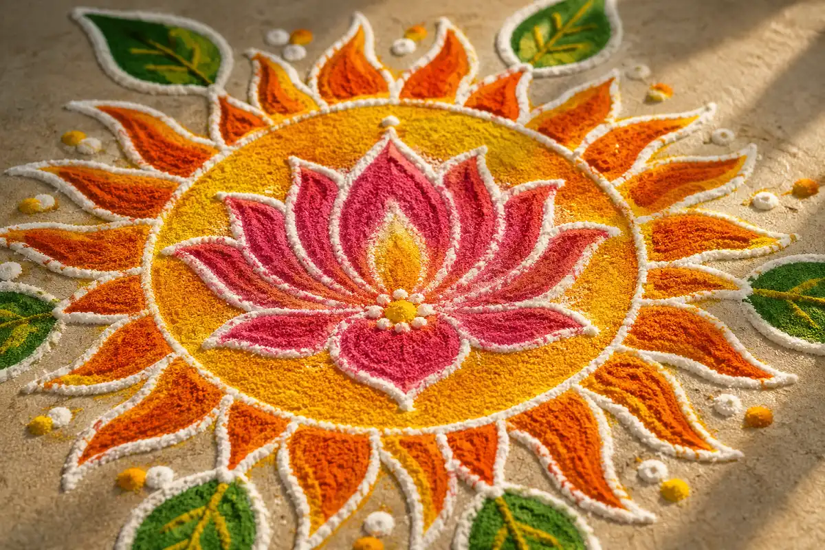 Traditional Ugadi rangoli symbols including lotus, sun motif, and mango leaves