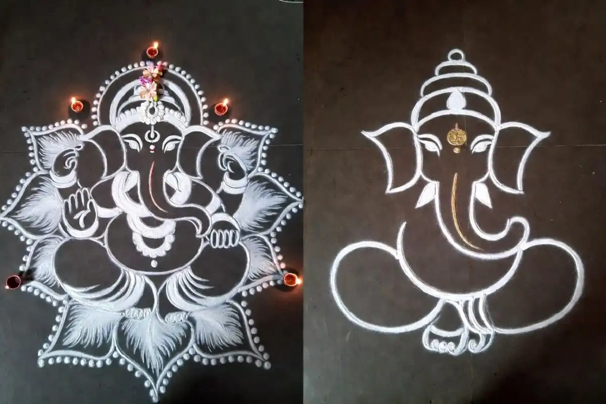 Ganesha rangoli design ideas comparing traditional lotus style with a minimal modern look