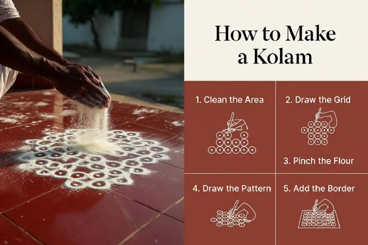 Traditional rangoli with rice flour drawn step by step on a doorstep with a labeled process guide