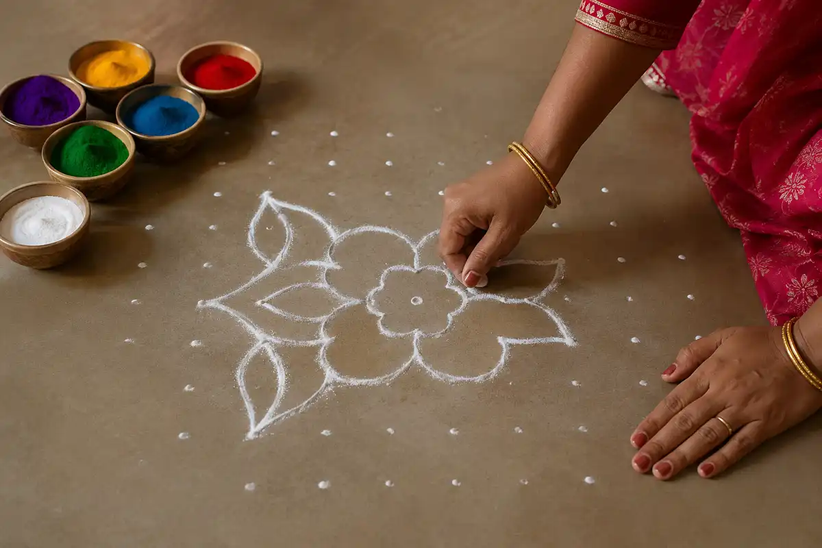 Tutorial showing how to make Ugadi rangoli designs step by step with rice flour