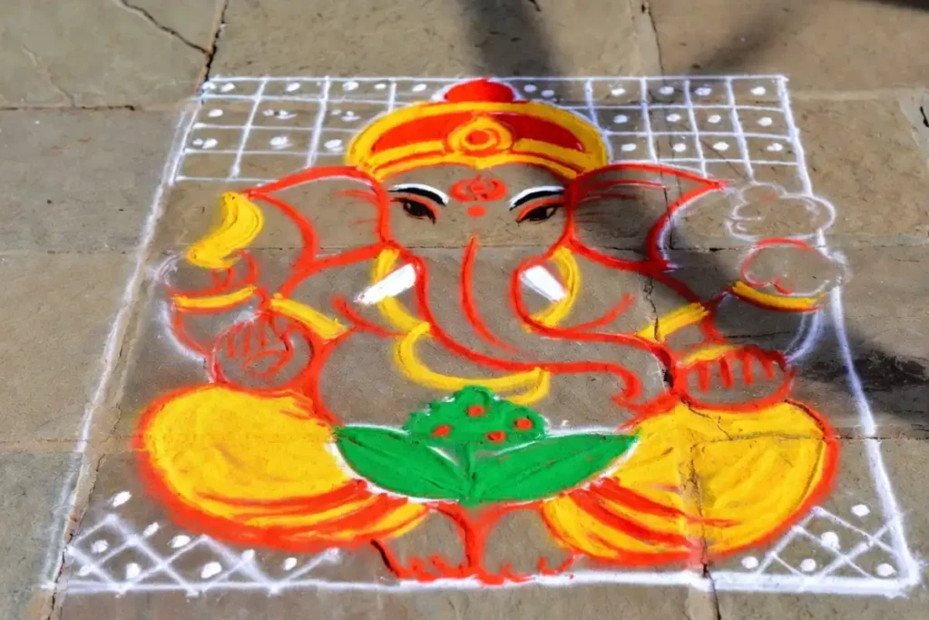 Step by step Ganesha rangoli design as part of rangoli designs with Hindu deities