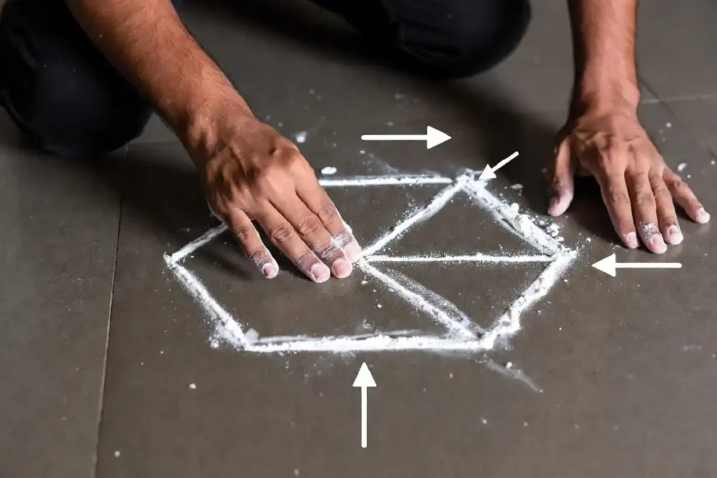 Step by step tutorial for drawing hexagon rangoli patterns from a center dot