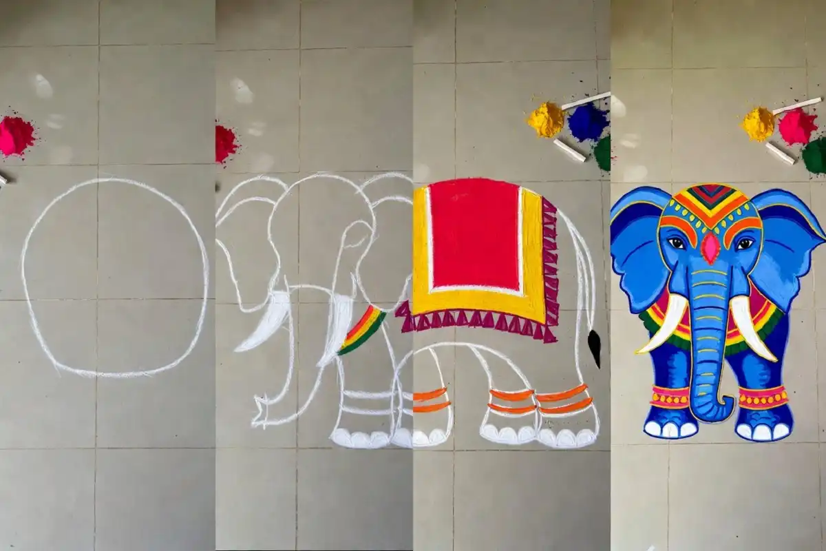Step by step tutorial to draw a rangoli with elephant motif from outline to color