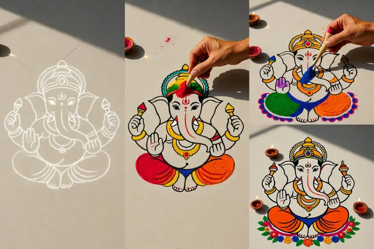 Step by step Ganesha rangoli design ideas tutorial from outline to finished detail