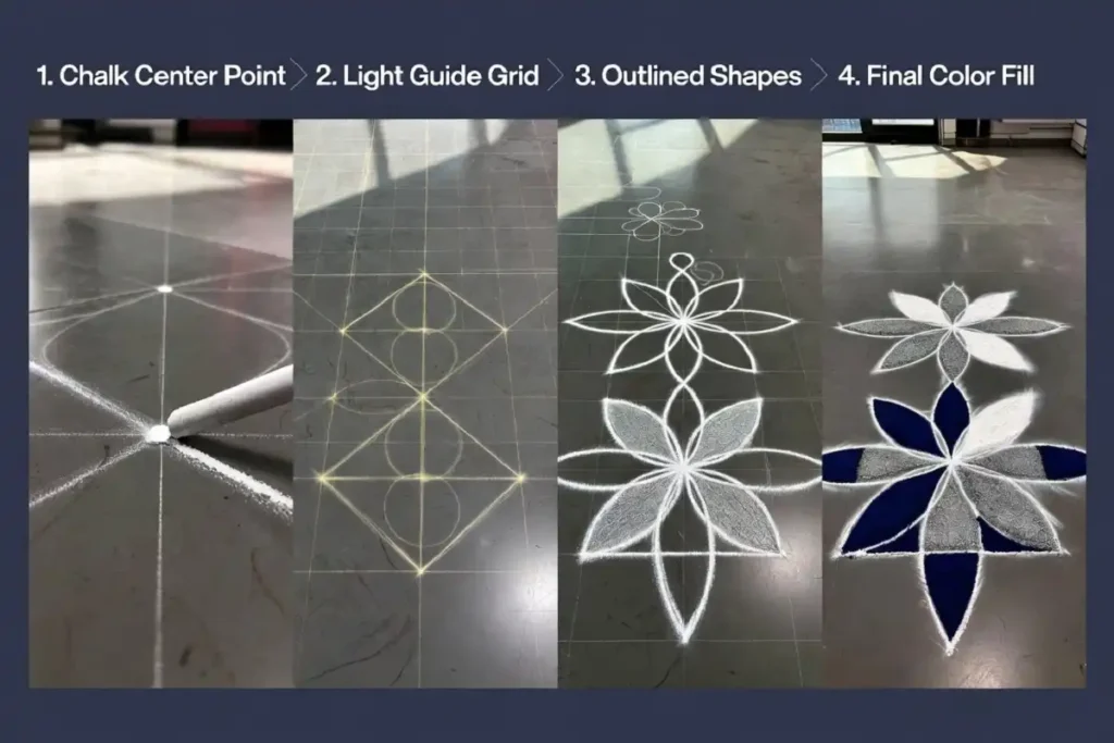 Step by step tutorial to make a modern geometric rangoli for office reception floor