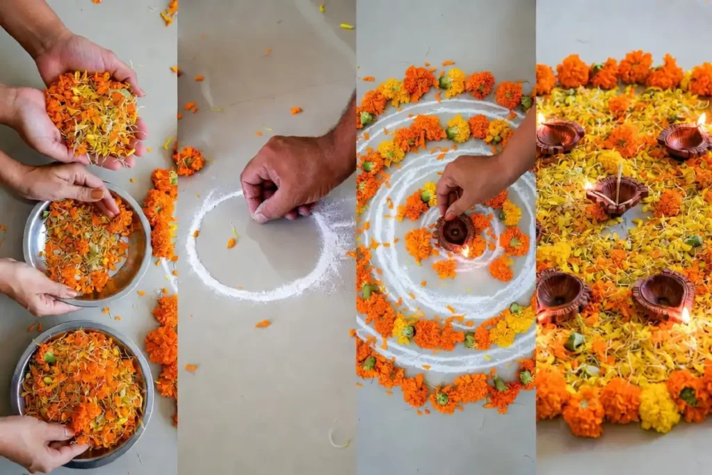 Tutorial showing how to make a marigold rangoli design in four steps from petals to finished pattern