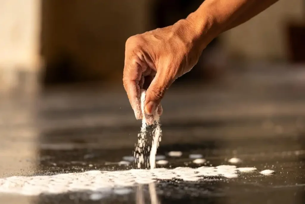 Hand demonstrating how to make traditional rangoli with rice flour using the pinch technique