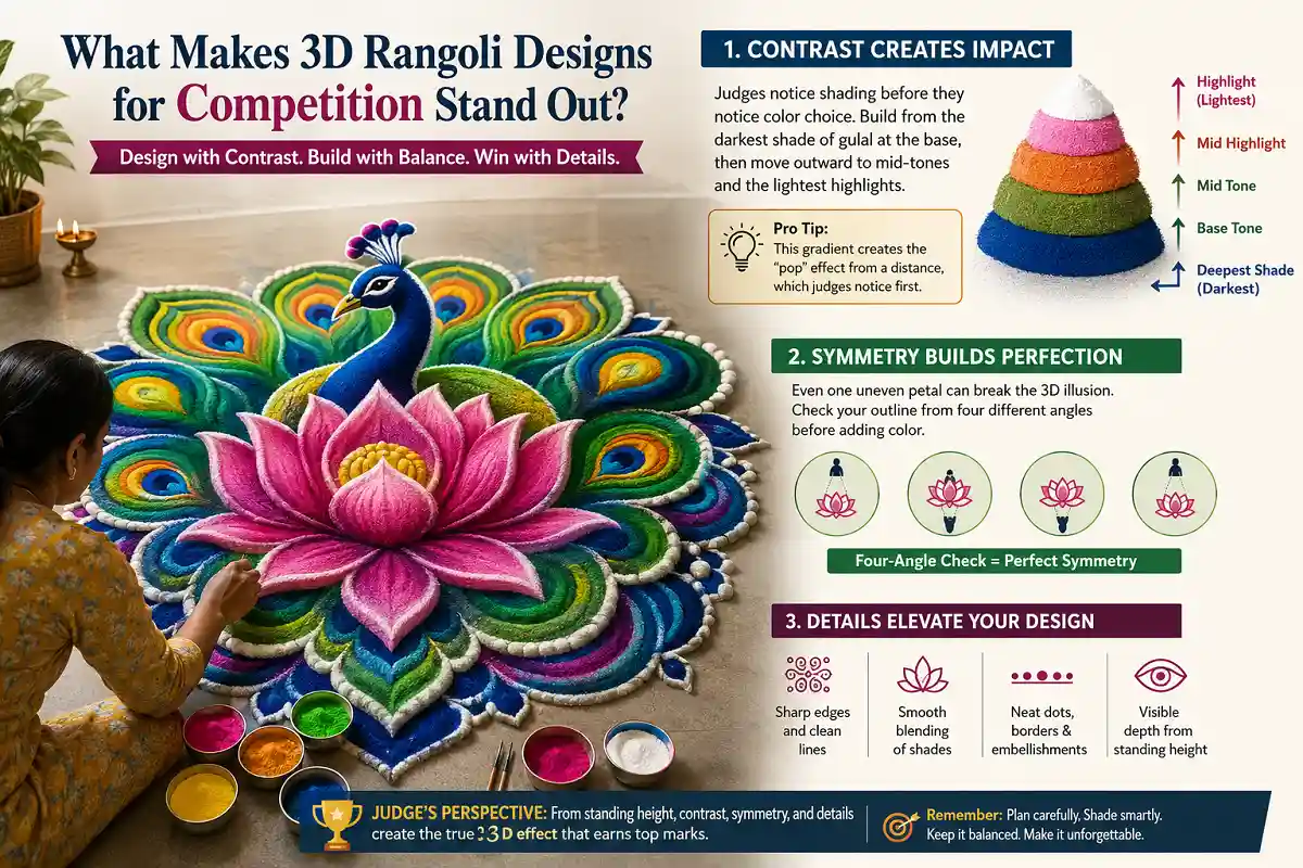 3D rangoli competition design with contrast, shading, symmetry, and lotus peacock motifs
