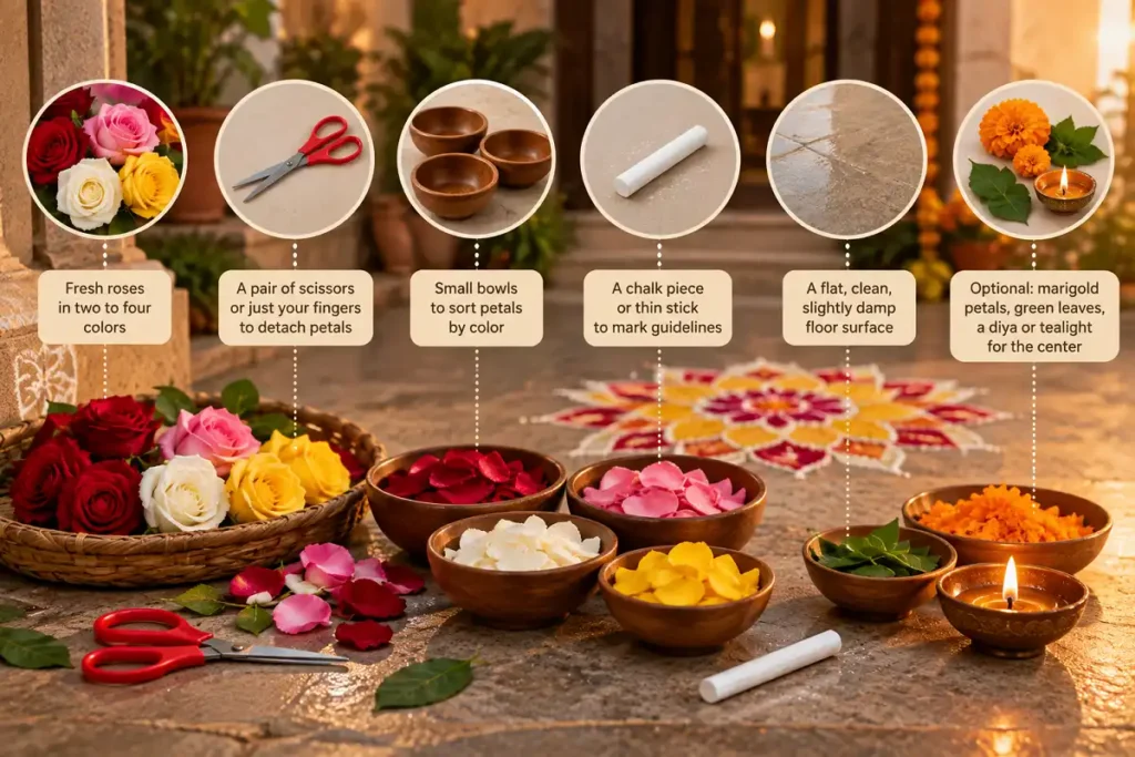 Fresh roses, bowls, scissors, chalk, leaves and diya for making a flower rangoli