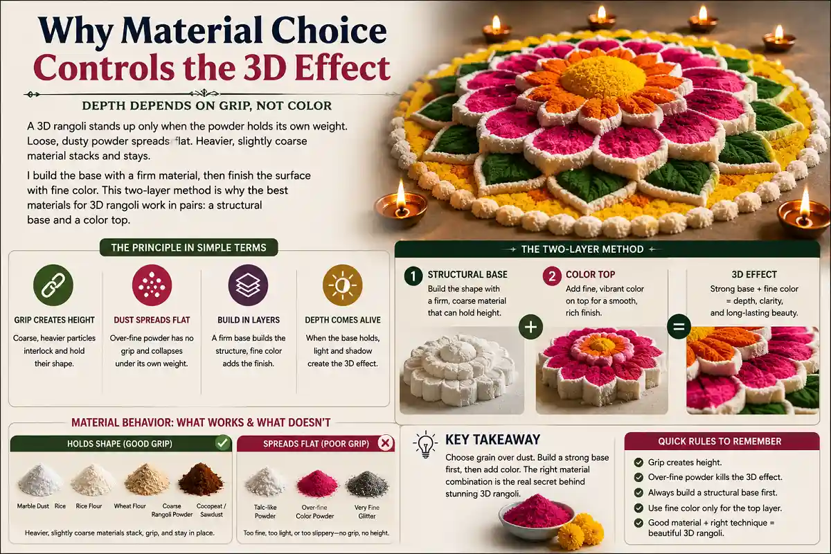 Why material choice controls the 3D effect in rangoli