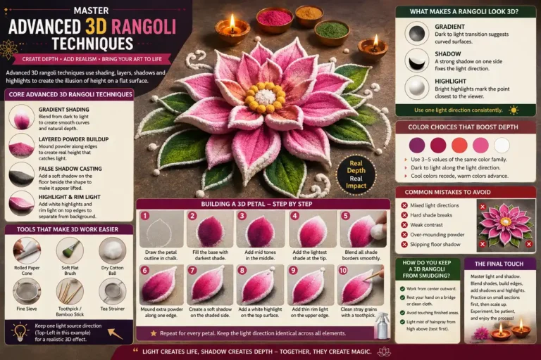 Featured image showing advanced 3D rangoli techniques with labeled shading, shadow, and highlight on a real petal