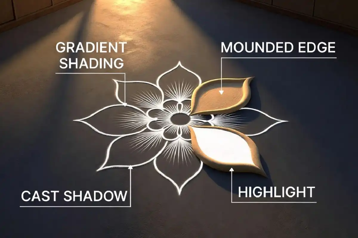 Featured image showing advanced 3D rangoli techniques with labeled shading, shadow, and highlight on a real petal