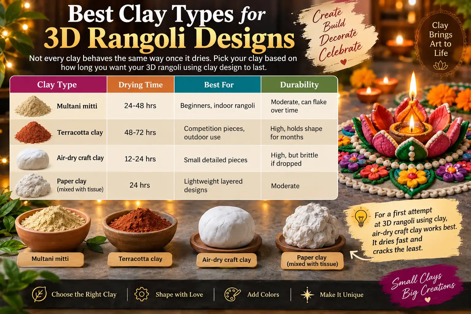 Best clay types for 3D rangoli designs showing Multani mitti, terracotta clay, air-dry craft clay, and paper clay with drying times, uses, and durability