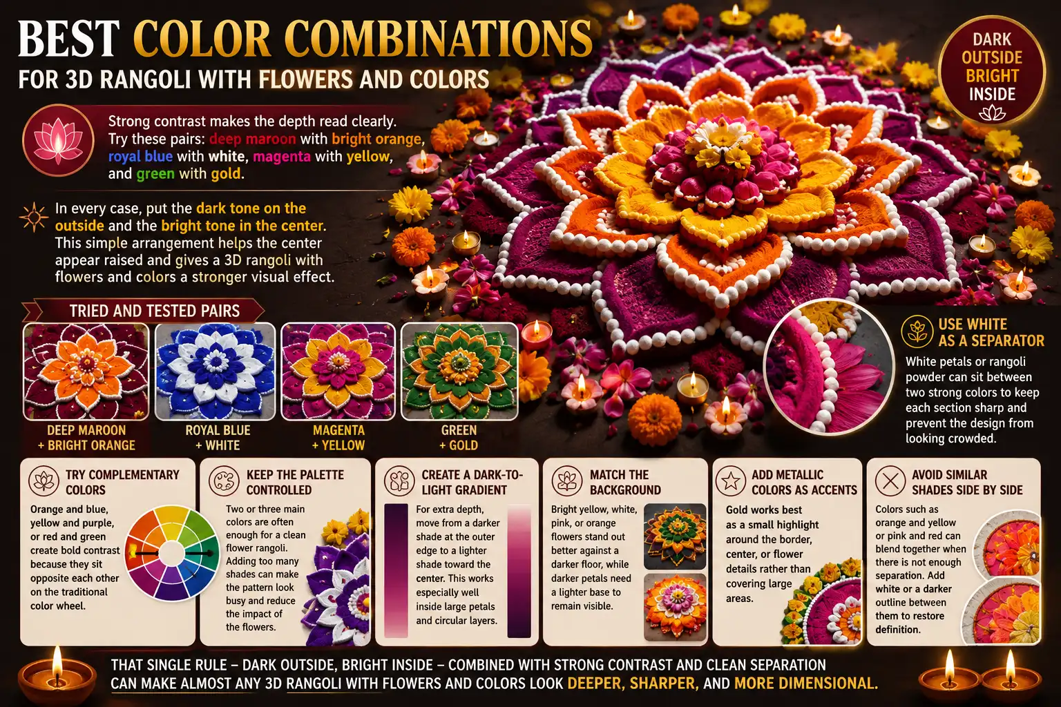 Best color combinations for 3D rangoli with flowers and colors, showing dark outer shades, bright centers, white separators, complementary colors, and gradient effects.