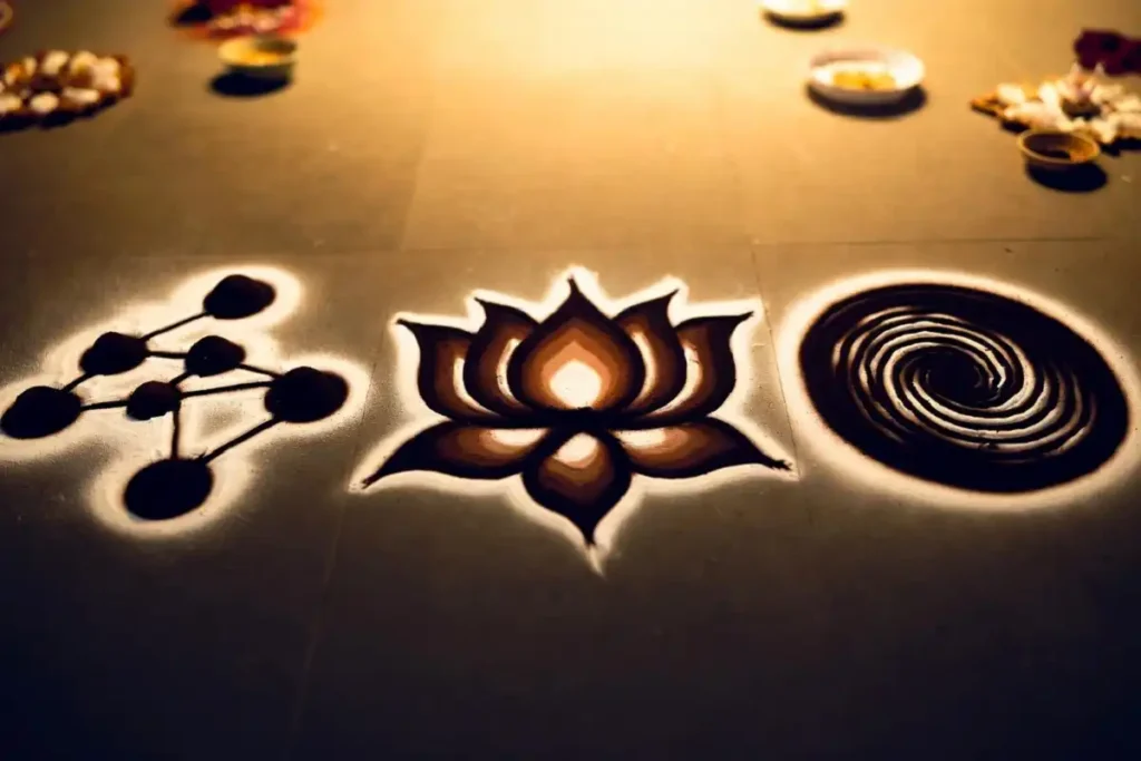 Sphere, lotus, and spiral motifs made in 3D floating rangoli design style