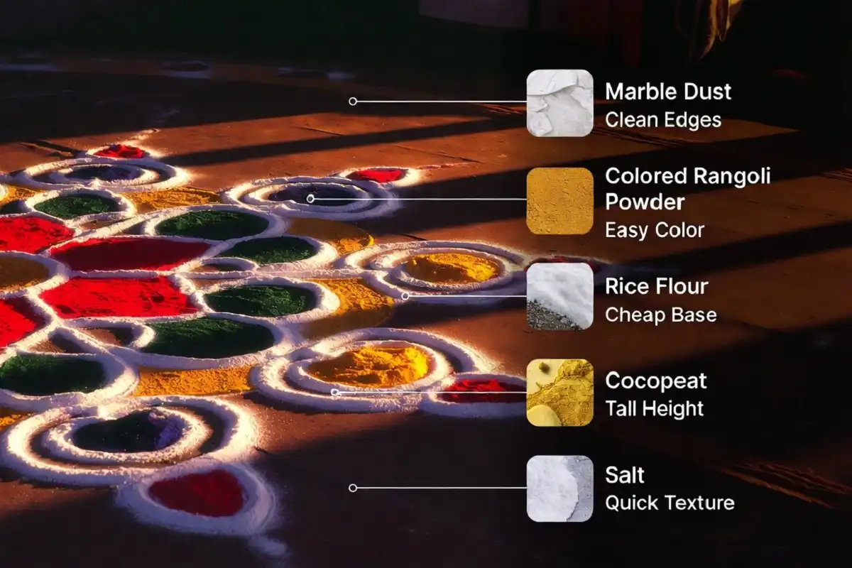 Infographic showing the best materials for 3D rangoli with a real raised rangoli and labeled samples
