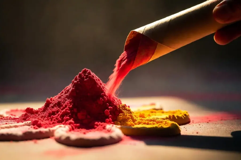 Layered powder buildup creating raised height along a petal edge in 3D rangoli