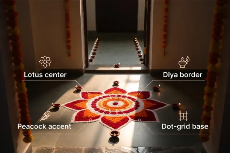 Labeled classic rangoli patterns for home entrance showing lotus, diya, peacock, and dot-grid motifs at a doorway