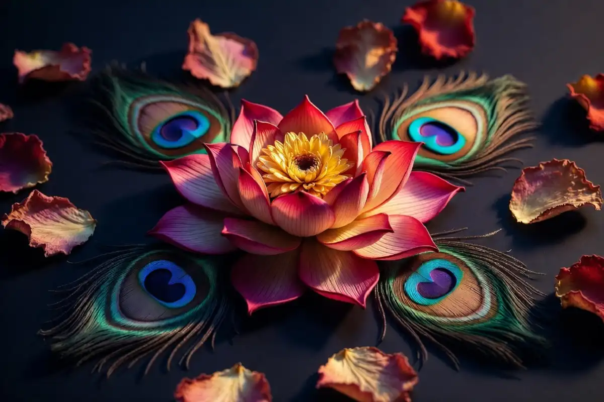 Colorful 3D lotus flower rangoli with blue and green peacock accents