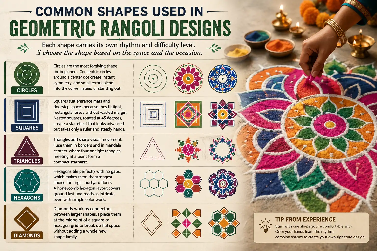 Common shapes used in geometric rangoli designs including circles, squares, triangles, hexagons, and diamonds