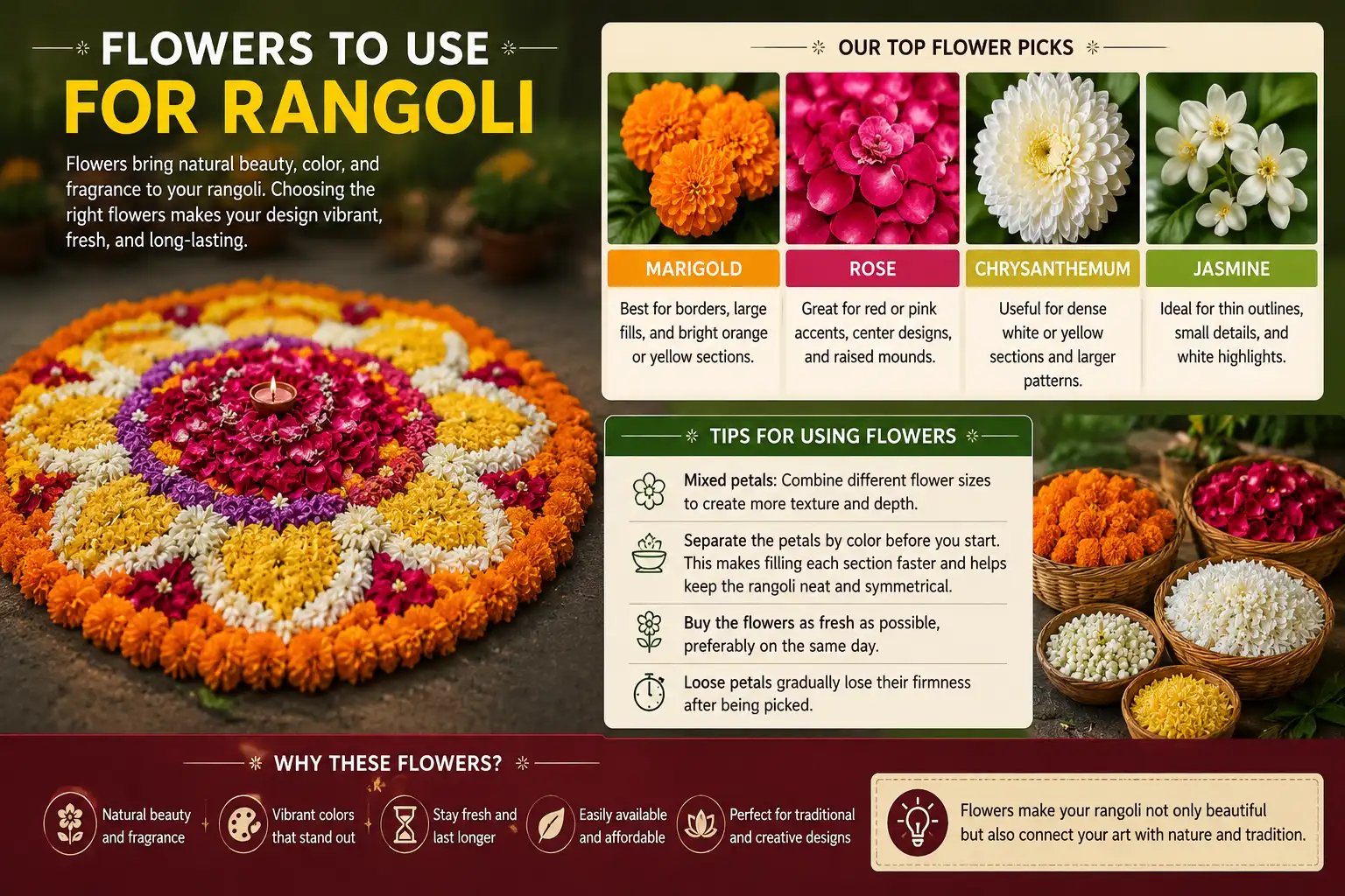 Flowers to use for rangoli including marigold, rose, chrysanthemum, jasmine, and mixed petals with tips for creating colorful floral rangoli designs