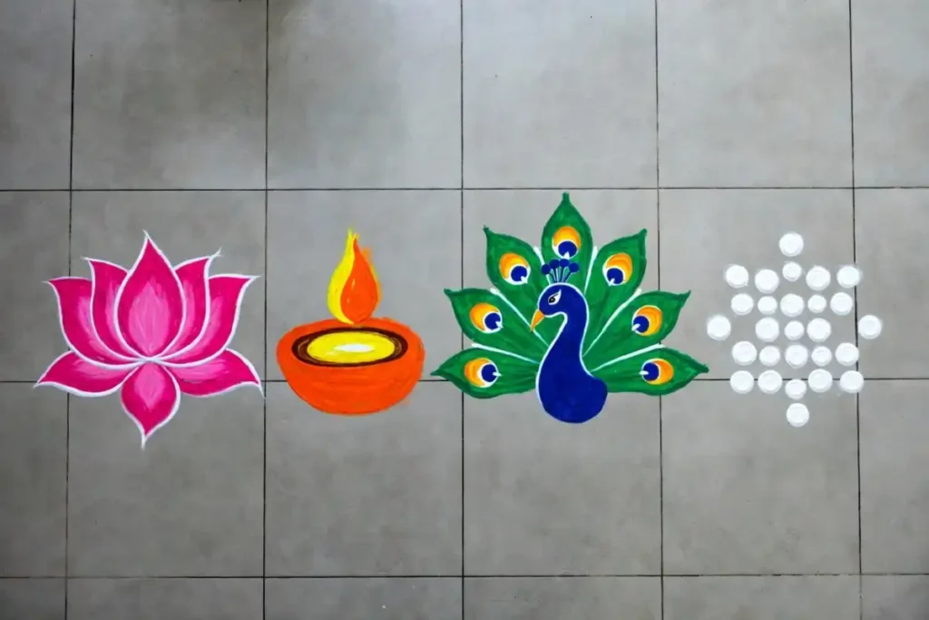 Lotus, diya, peacock, and geometric motifs used in classic rangoli patterns for home entrance