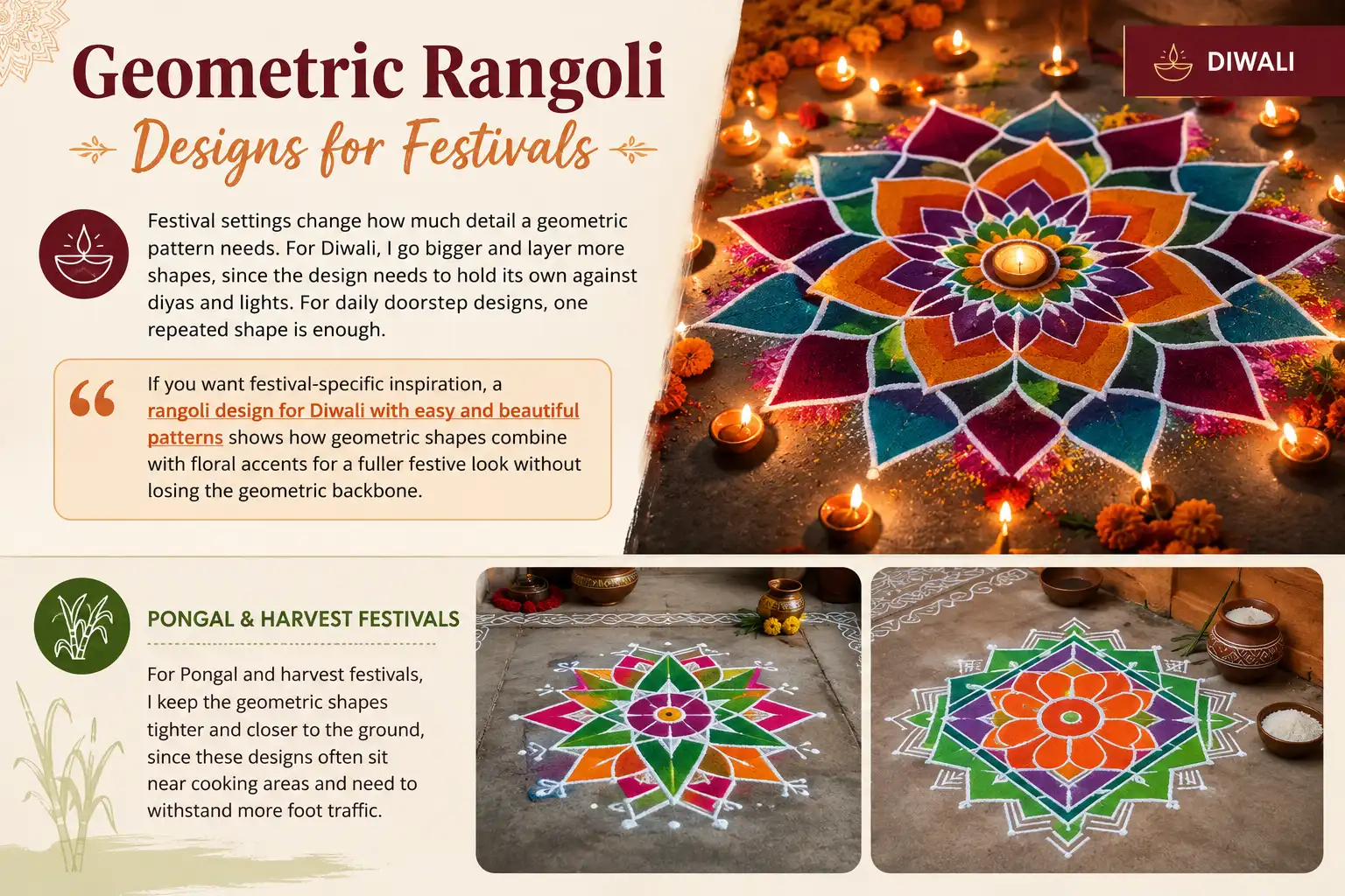Geometric rangoli designs for Diwali and Pongal festivals with colorful patterns and diyas