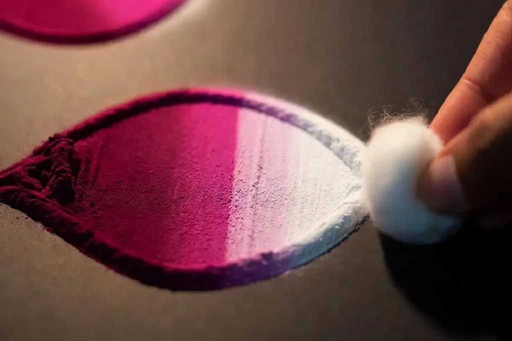 Gradient shading technique blending dark to light powder on a 3D rangoli petal