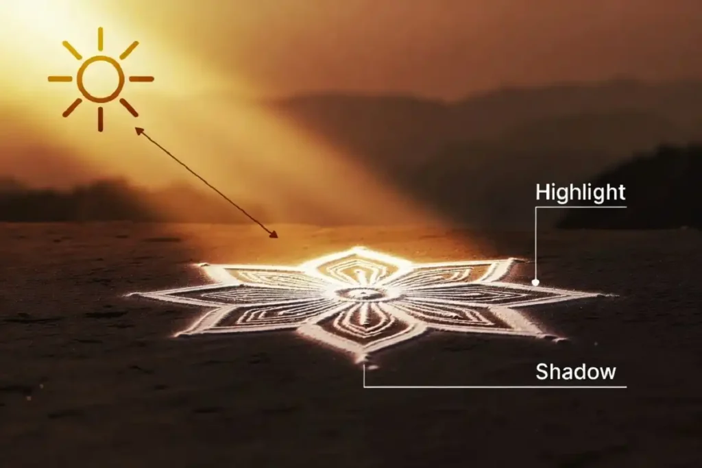 Diagram showing how one light direction creates depth and shadow in advanced 3D rangoli techniques