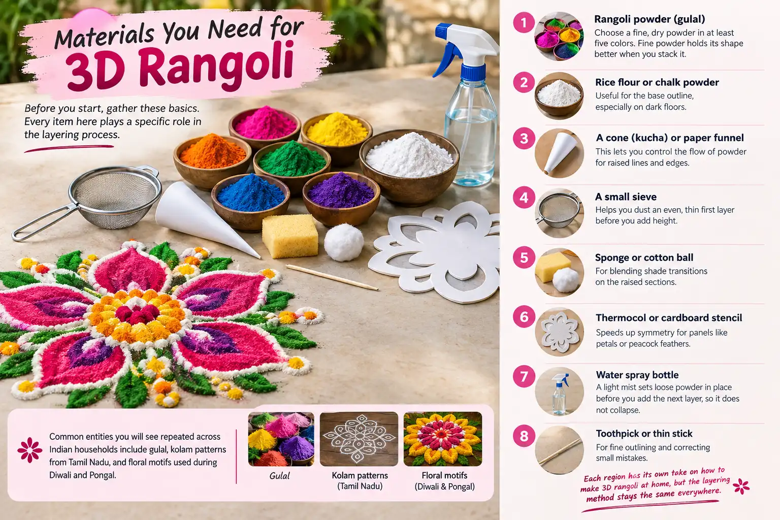 Materials needed for making 3D rangoli, including colorful gulal powder, rice flour, paper cone, sieve, sponge, stencil, spray bottle, and toothpick
