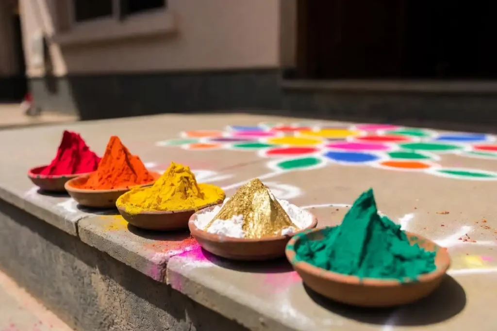 Traditional color powders used in classic rangoli patterns for home entrance