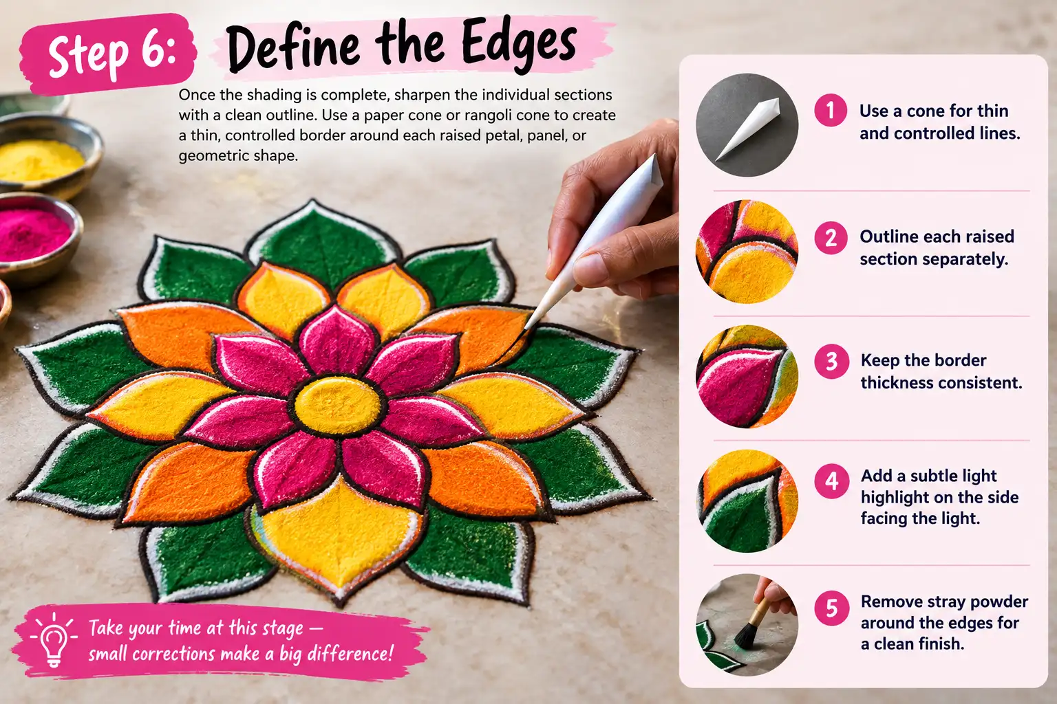 Step 6 of rangoli making showing how to define raised edges with a cone, consistent outlines, light highlights, and clean powder borders