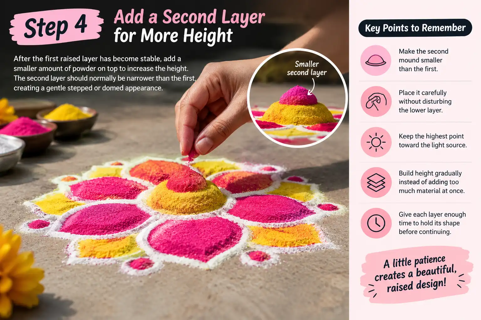 Step 4 of making raised rangoli showing a smaller second powder layer carefully placed on top of the first layer